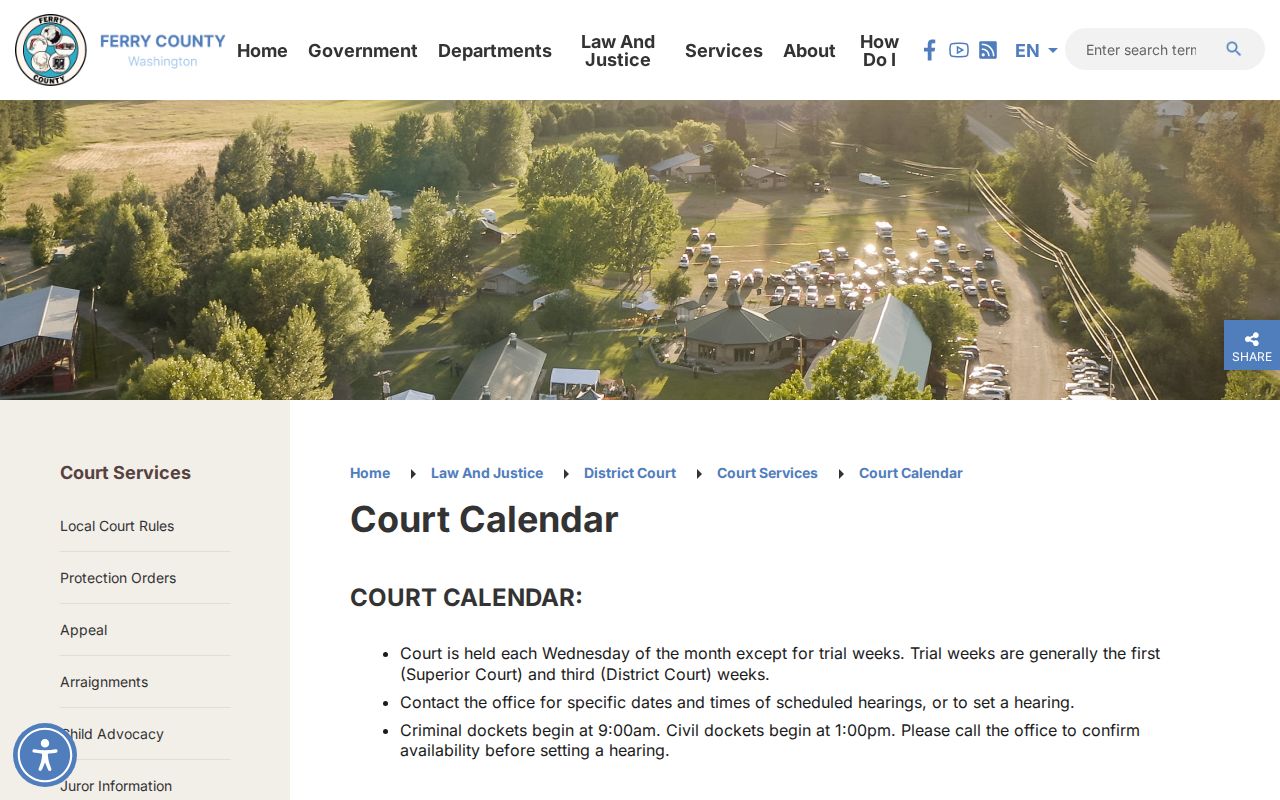 Ferry County court calendar Wednesday criminal and civil schedule