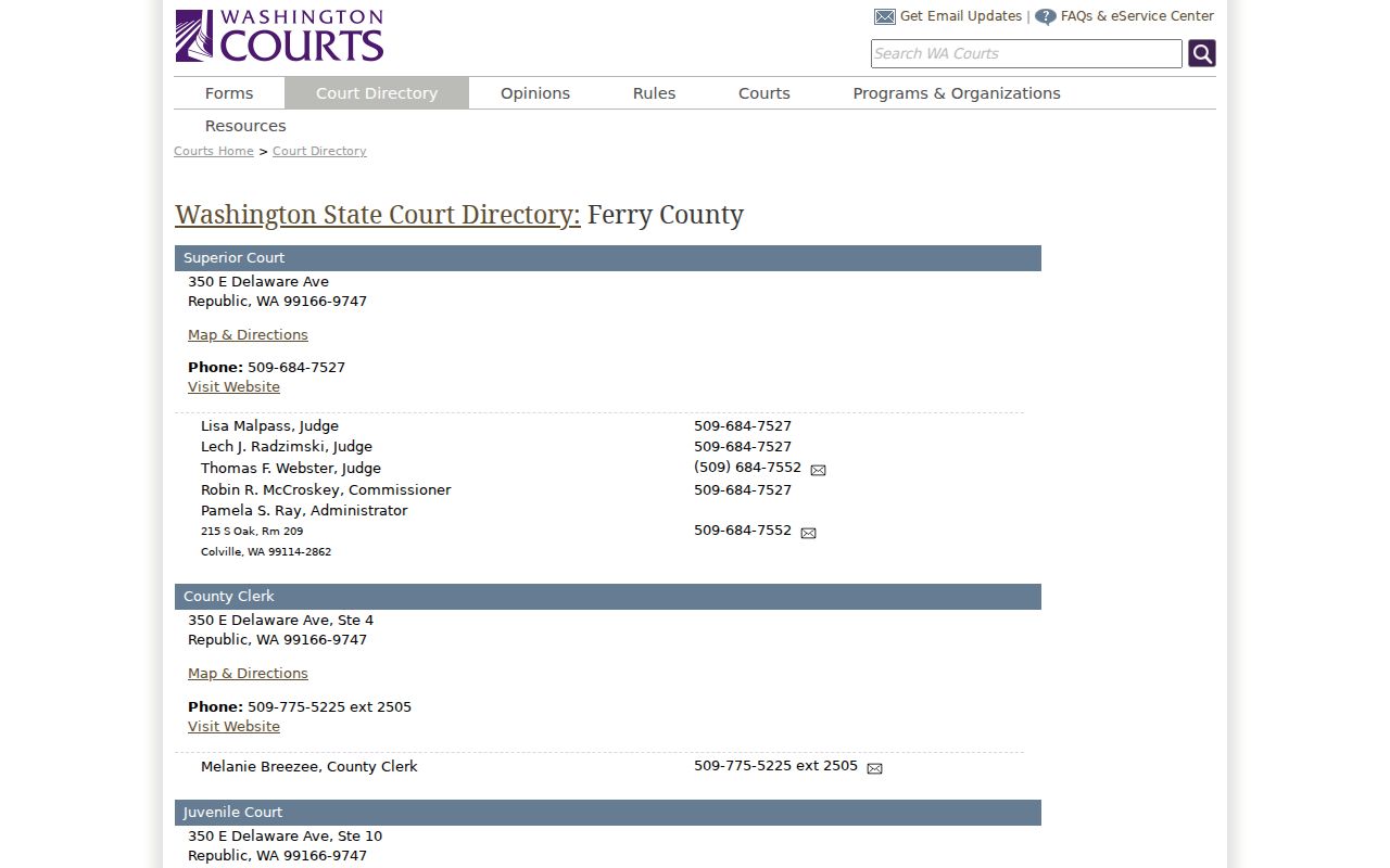Washington Courts directory for Ferry County court docket offices